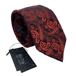 NWT Hi-Tie Men's Handmade 100% Silk Necktie Red/Black Paisley Italy‎